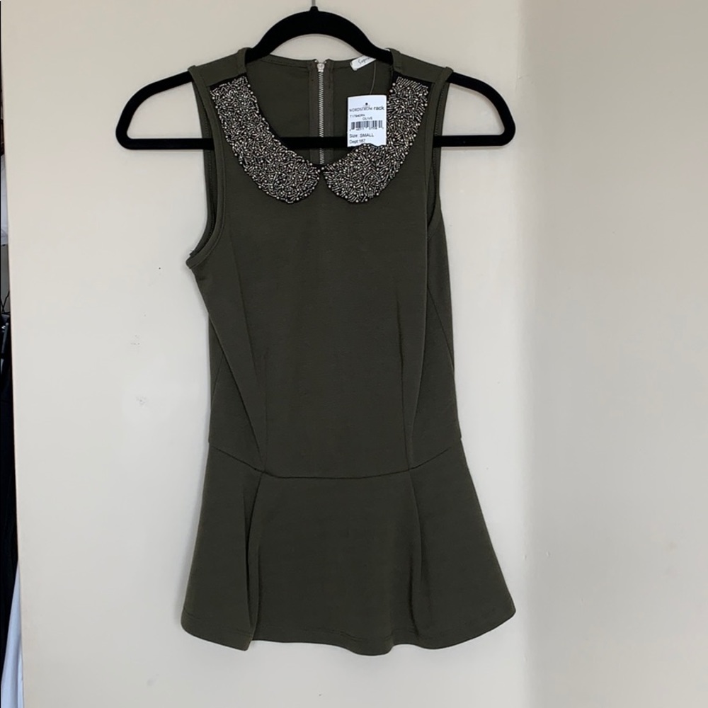Soprano Olive Peplum Tank Top w/ Sparkle Collar S